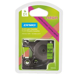 DYMO D1 Label Tape 12mm Black on Neon 2 Pack