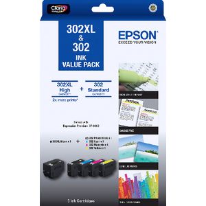 Epson 302 and 302XL 5 Ink Cartridge Value Pack
