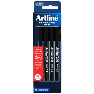 Artline 200 Fineliners Black 4 Pack