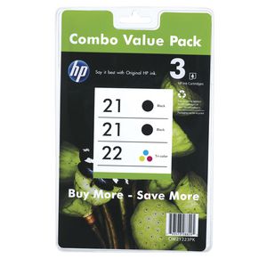 HP 21 and 22 Ink Cartridges Black and Colour 3 Pack