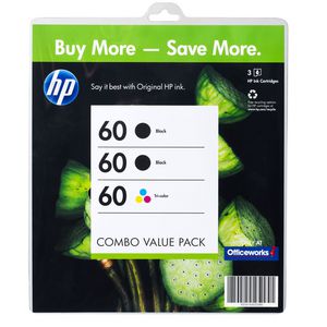 HP 60 Ink Cartridges Black and Colour Combo Value 3 Pack