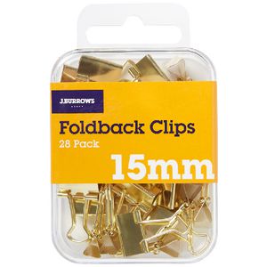 J.Burrows 15mm Foldback Clips Gold 28 Pack
