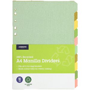 J.Burrows A4 10 Tab Dividers Pastel