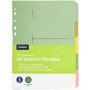 J.Burrows A4 5 Tab Dividers Pastel