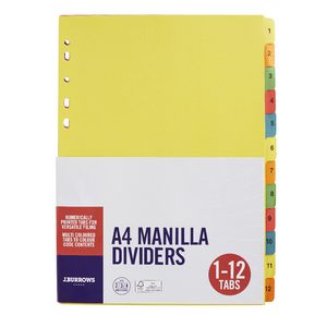 J.Burrows Manilla Dividers A4 1-12 Tab Assorted Colours