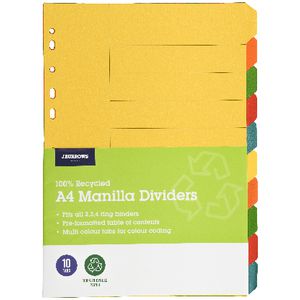 J.Burrows A4 10 Tab Dividers Bright Colours