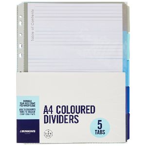 J.Burrows A4 Premium 5 Tab Index Dividers Cool Colours