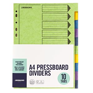 J.Burrows A4 10 Tab Pressboard Index Dividers