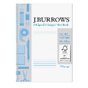 J.Burrows A4 Spiral 5 Subject Notebook 250 Page