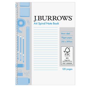 J.Burrows A4 Spiral Notebook 120 Page