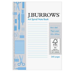 J.Burrows A4 Spiral Notebook 240 Page
