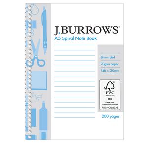 J.Burrows A5 Spiral Notebook 200 Page