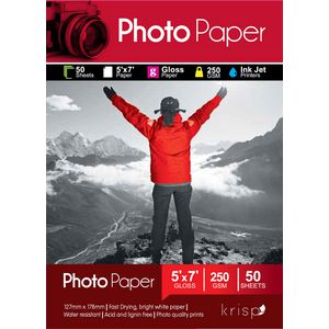 Krisp 250gsm 5 x 7 Glossy Inkjet Photo Paper 50 Sheet Pack