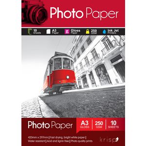 Krisp 250gsm A3 Glossy Inkjet Photo Paper 10 Sheet Pack