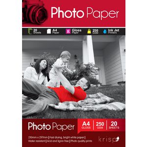 Krisp 250gsm A4 Glossy Inkjet Photo Paper 20 Sheet Pack