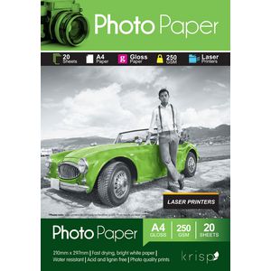Krisp 250gsm A4 Glossy Laser Photo Paper 20 Sheet Pack