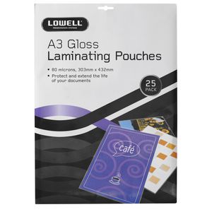 Lowell A3 Laminating Pouches 80 Micron 25 Pack Gloss
