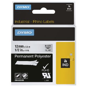 DYMO Rhino Permanent Polyester Tape 12mm Black on Clear