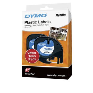 DYMO LetraTag Plastic Label Tape 12mm Black on White 2 Pack