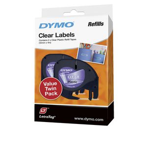 DYMO LetraTag Plastic Label Tape 12mm Black on Clear 2 Pack