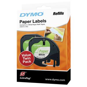 DYMO LetraTag Paper Label Tape 12mm Black on White 2 Pack
