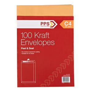 PPS Plainface C4 Envelopes Kraft 100 Pack