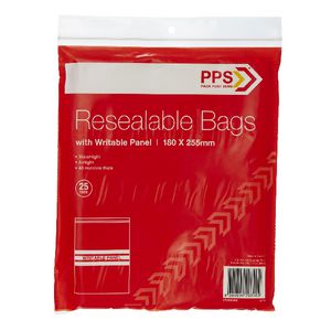 PPS 180 x 255mm Resealable Bags with Writable Panel 25 Pack