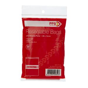 PPS 65 x 75mm Resealable Bags with Writable Panel 50 Pack