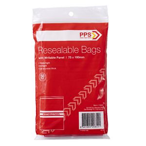 PPS 75 x 100mm Resealable Bags with Writable Panel 50 Pack
