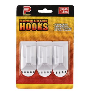 Removable Self Stick Plastic Hooks 1.5kg Maximum Load 3 Pack