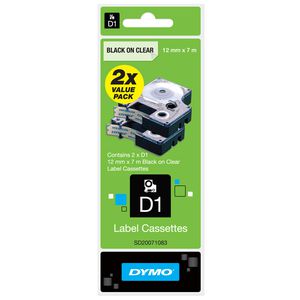 DYMO D1 Label Cassettes 12mm Black on Clear 2 Pack