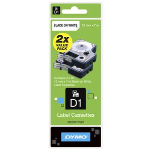 DYMO D1 Label Cassettes 12mm Black on White 2 Pack