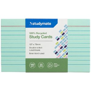 Studymate Study Cards Ruled 127 x 76mm Green 25 Pack