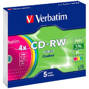 Verbatim CD-RW 700MB 2x-4x Slim Coloured Case 5 Pack