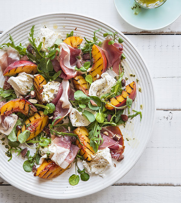 Char-grilled peach salad with Prosciutto, Buffalo Mozzarella & Basil