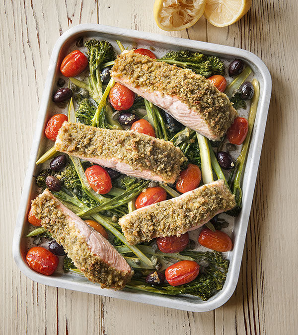 Salmon with pesto breadcrumbs roasted tomatoes & broccolini