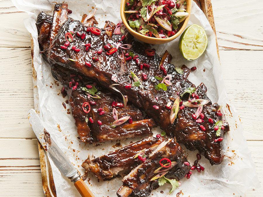 Sticky pork ribs with pomegranate salsa