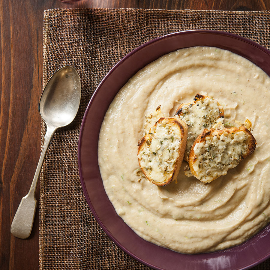 Fennel, Cauliflower & Truffle Soup with Gruyere Croutons