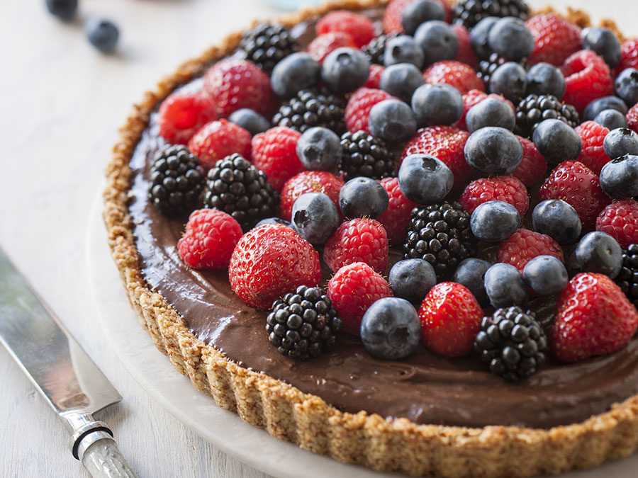 Chocolate mousse, toasted almond & mixed berry tart