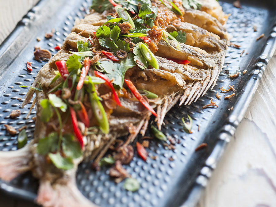 Thai style deep fried snapper