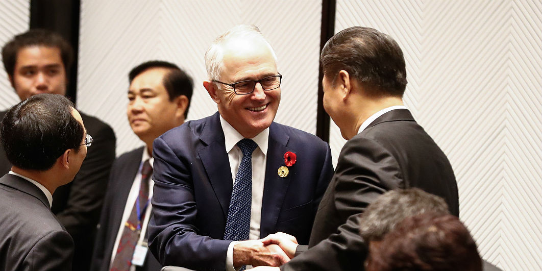 Centre or periphery? Prime minister Malcolm Turnbull with Chinese president Xi Jinping during the leaders’ retreat at an Asia-Pacific Economic Cooperation meeting in Da Nang, Vietnam, last November. Alex Ellinghausen/Fairfax Media/AAP Image