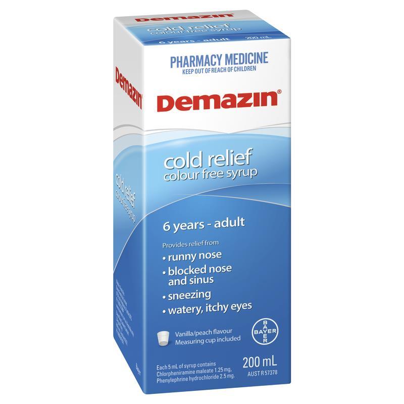 DEMAZIN COLD RELIEF COLOUR FREE SYRUP 200mL (6 YEARS ADULT) Adore Pharmacy DEMAZIN COLD RELIEF COLOUR FREE SYRUP 200mL (6 YEARS ADULT) Adore Pharmacy