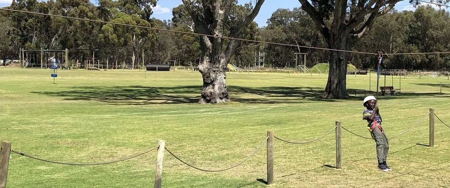 Child on flying fox panorama of swan valley adventure centre hero