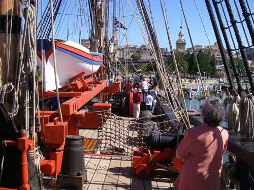 Interested visitors visit the replica HMB Endeavour in Newcastle. 