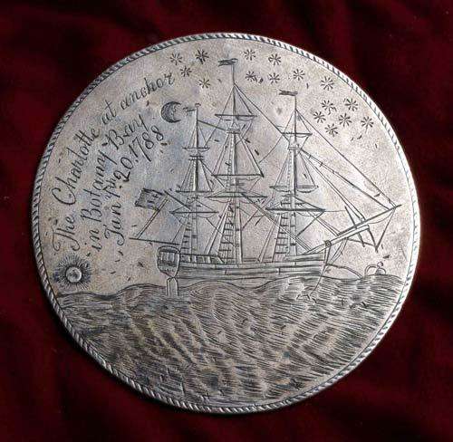 On public display for the first time in over 20 years the celebrated Charlotte Medal is one of the few objects still in existence from the voyage of First Fleet.   Convict Thomas Barrett engraved the 74 mm silver Charlotte Medal on board the transport ship Charlotte when it was anchored in Botany Bay in January 1788. Along with the rest of the fleet Charlotte was awaiting Governor Phillip’s decision to sail north to strike the first European settlement at Port Jackson.  