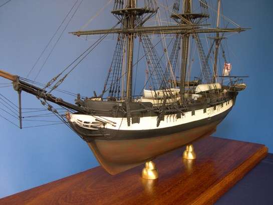 The completed model of HMS Beagle showing the hull detail and plinth. 