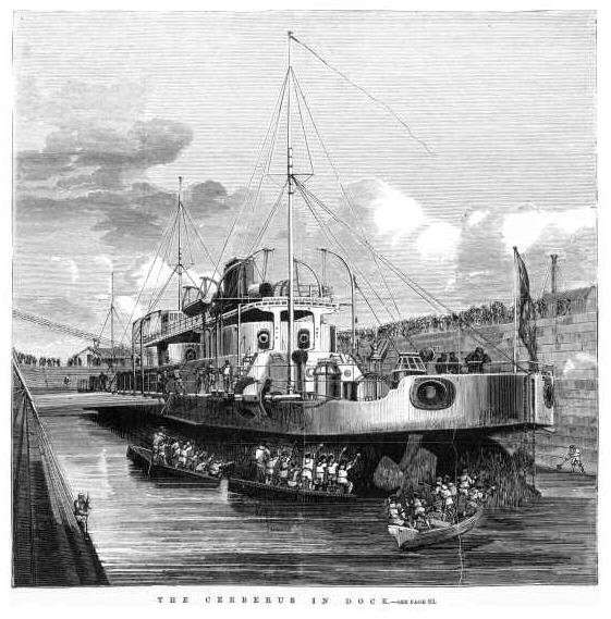 Wood engraving of the HMVS Cerberus in dock, 1874. From the State Library of Victoria, IAN18/05/74/73.