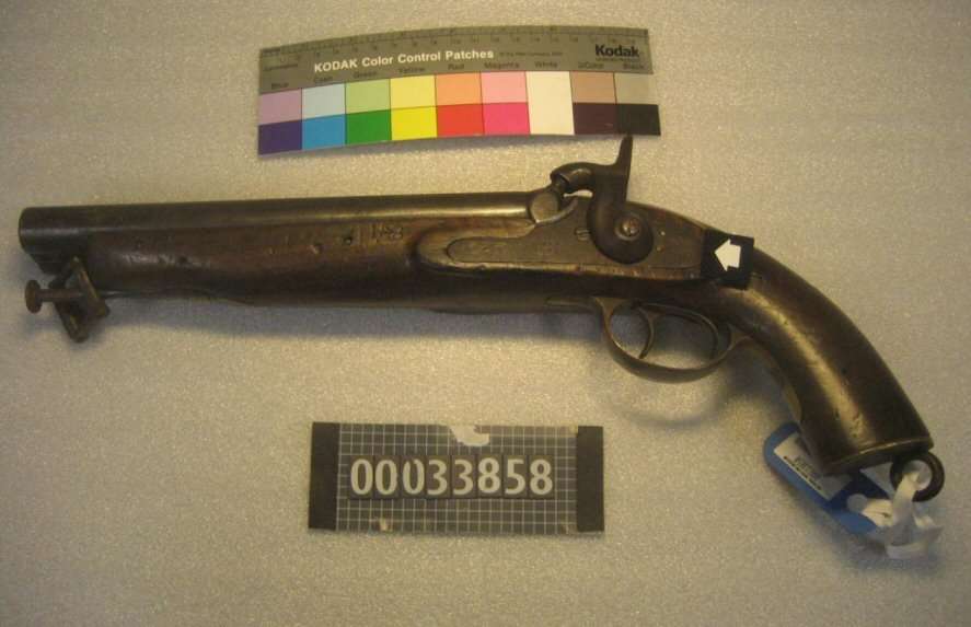 Double-barrelled flintlock pistol, marked "WUCEF", ANMM 00033858.
