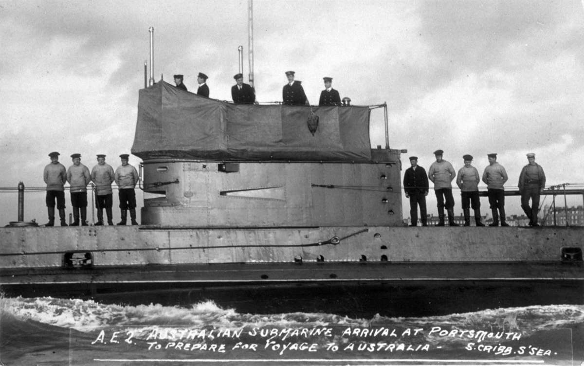 AE2 at Portsmouth preparing for the voyage to Australia in 1914