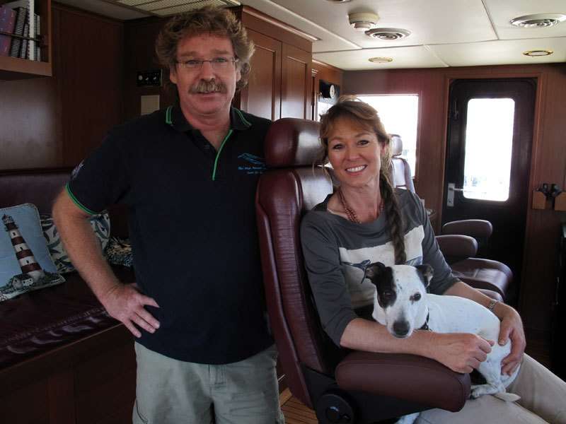 Curt, Michelle and Skipper the dog onboard RV Whale Song